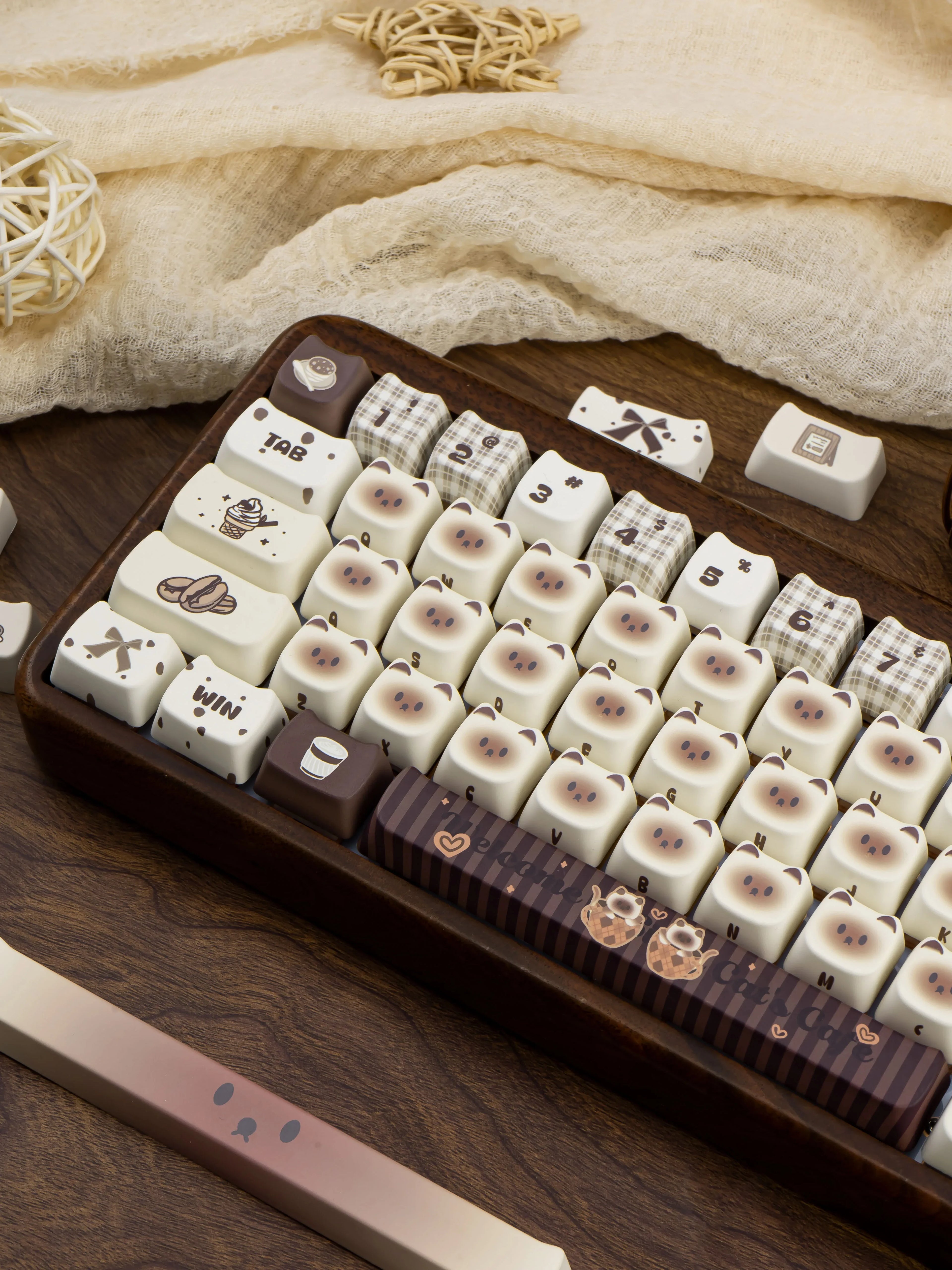 Siamese Cat Cafe Keycap Cherry MAO Profile Cute Cat Head PBT Keycaps Original White Brown Personalized Mechanical Keyboard Caps