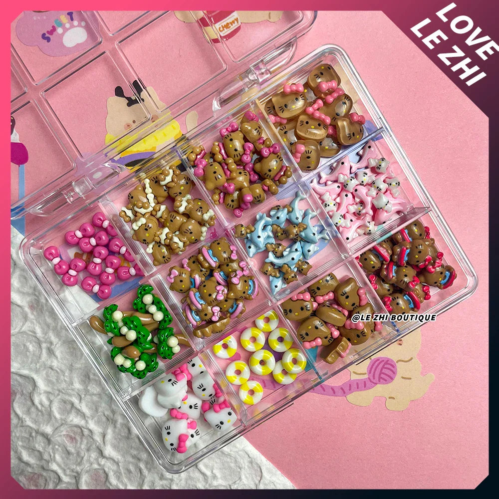 Boxed 120Pcs Kawaii Black Skin Sanrio Hello Kitty Nails Art Charms Accessories 3D Beach Bow Dolphin Resin Nails Decor Promotion