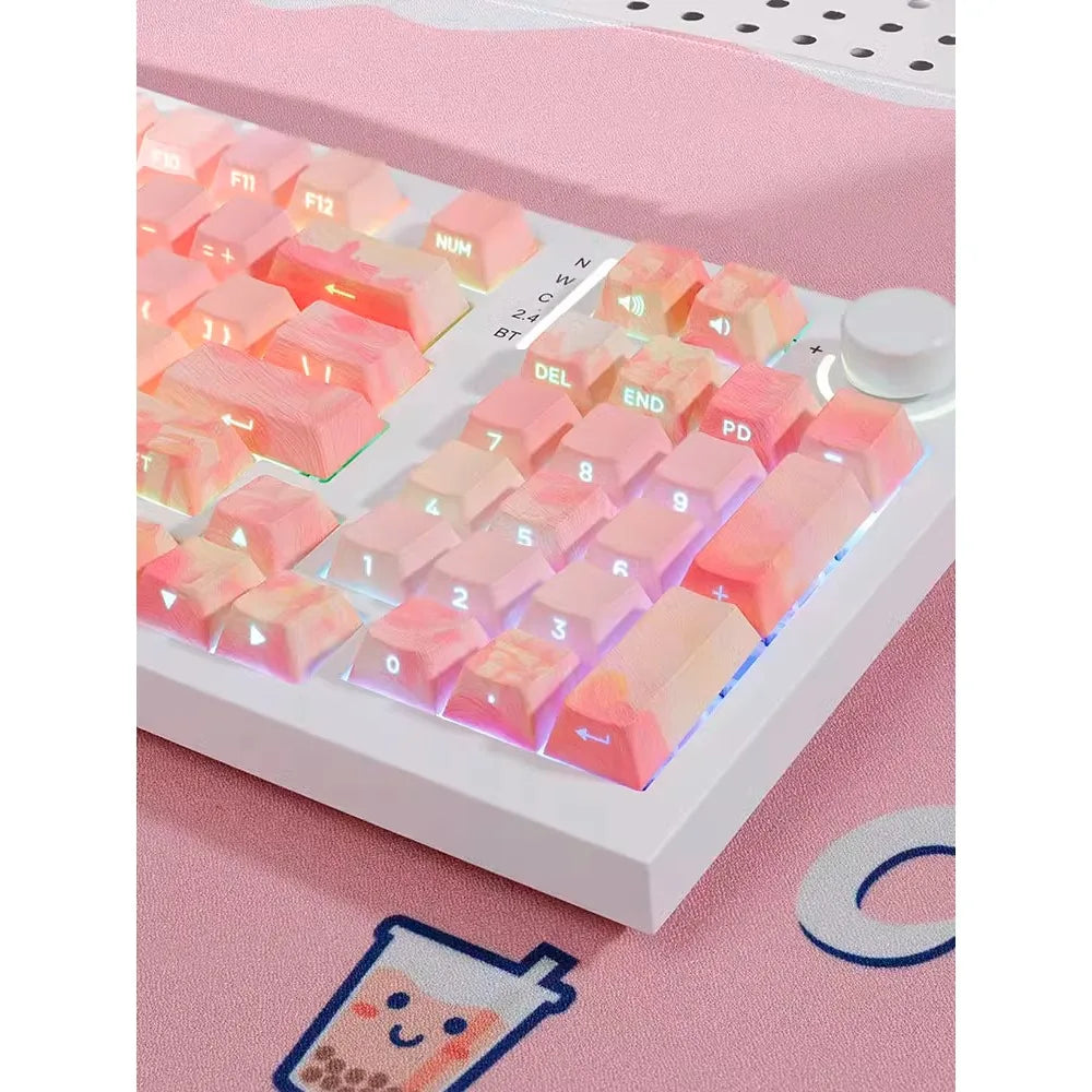 PIIFOX PBT OEM Profile Keycaps Thermal Sublimation 130 Keys Pink Thing Oil Painting Theme Transparent Translucent Side Engraving