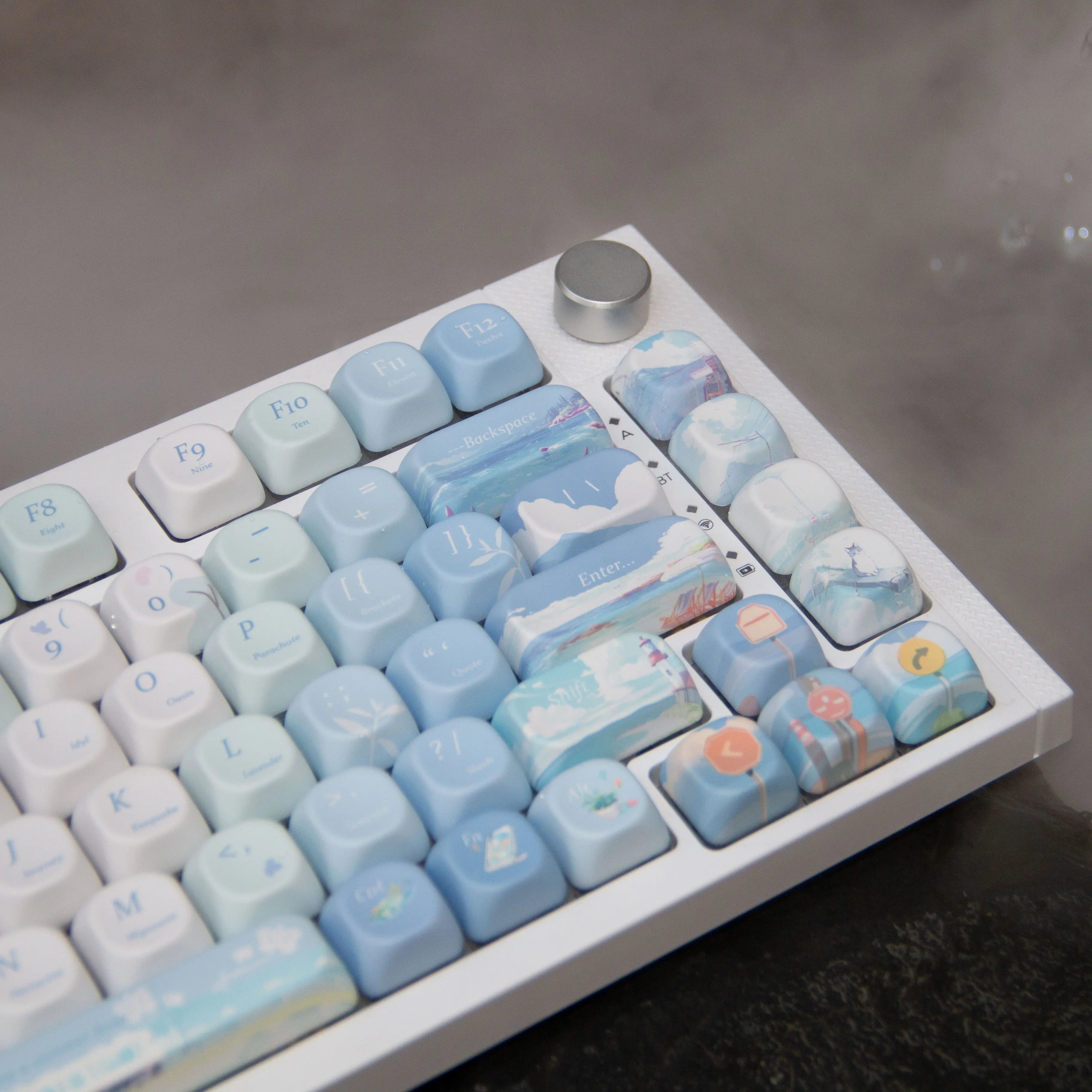 130Key Keycap Blue Chasing Summer Cool Theme Qx3 Cherry Side Engraved Diy Mechanical Keyboard Cartoon Cute Round Gradient Keycap