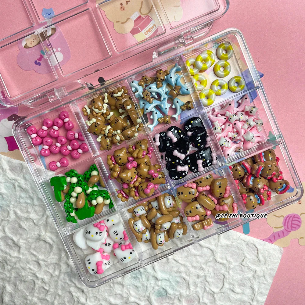 Boxed 120Pcs Kawaii Black Skin Sanrio Hello Kitty Nails Art Charms Accessories 3D Beach Bow Dolphin Resin Nails Decor Promotion