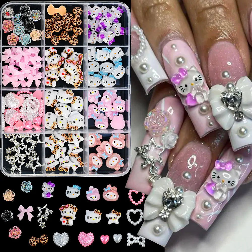 12Girds/Box Sanrioed Hello Kitty Nail Art Rhinestone Kawaii Kuromi Nail Charms Kit DIY Jewelry Decoration Manicure DIY Nail Part