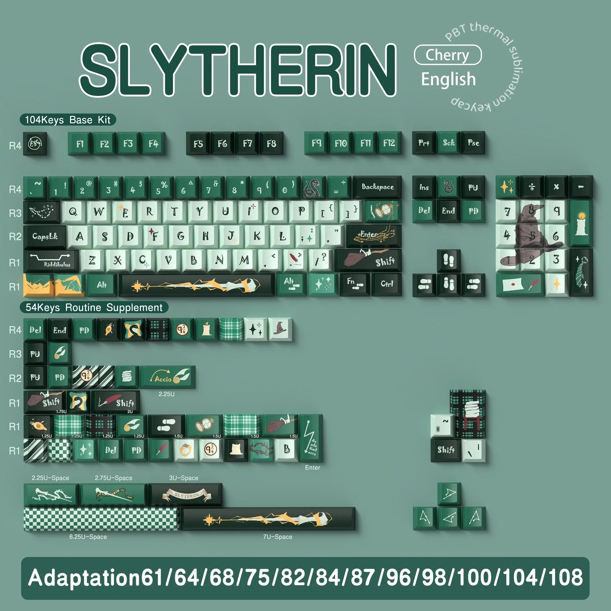 SLYTHERIN Theme Keycaps Cherry/MDA Profile Personalized Cartoon Keycap For Mechanical Keyboard with 7U and ISO key cap