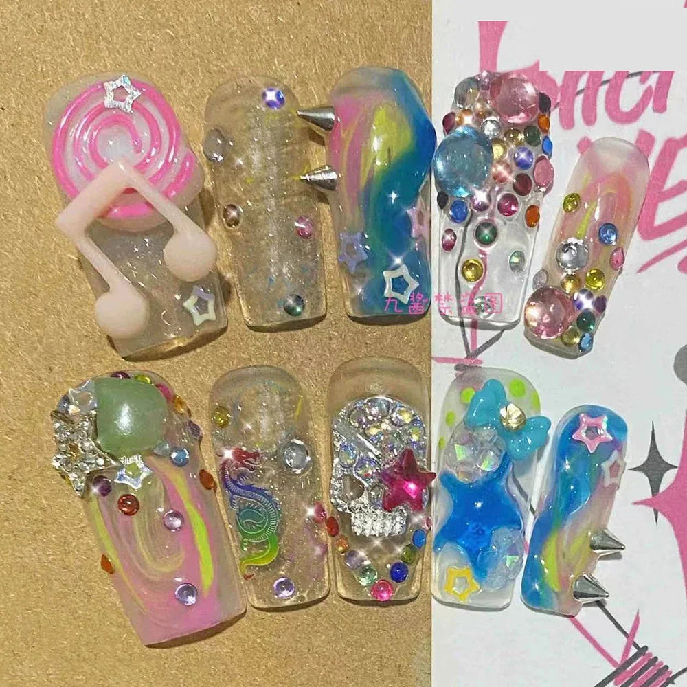 10Pcs Handmade Diy Cartoon Nail Art Hello Kitty Y2K 3D Flower Star Conch Shape Press On Nail Full Coverage Design Girls Gift