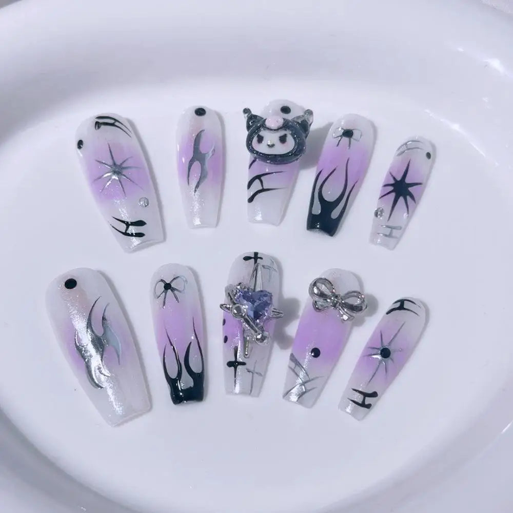 10Pcs Cute 3D Hello Kitty Kuromi Cartoon Handmade Nail Art Fashion Bow Luxury Diamond Detachable Full Cover Nails Holiday Gift