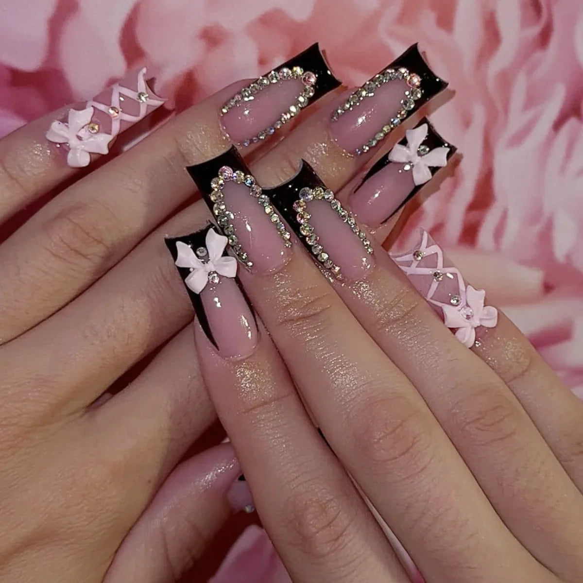 24pcs Light Pink Bowknots Press On Nails Y2k French Style Long Coffin False Nails With Cute Cartoon Metal Star Press On Nail