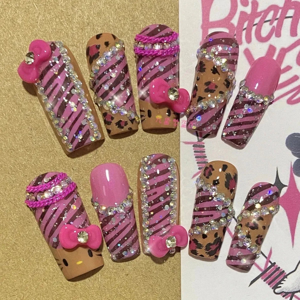 Sanrio Hello Kitty Y2K Nail Cartoon Punk Long Square Handmade Fake Nails Leopard Print Five-Pointed Star Diamond Detachable Nail