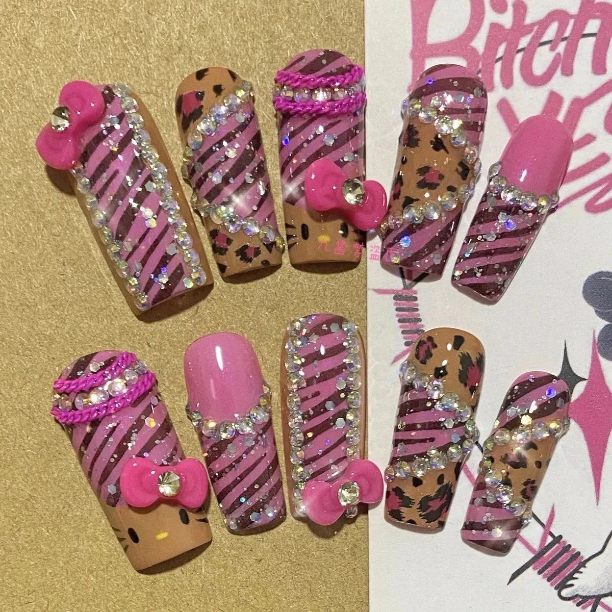 Sanrio Hello Kitty Y2K Nail Cartoon Punk Long Square Handmade Fake Nails Leopard Print Five-Pointed Star Diamond Detachable Nail