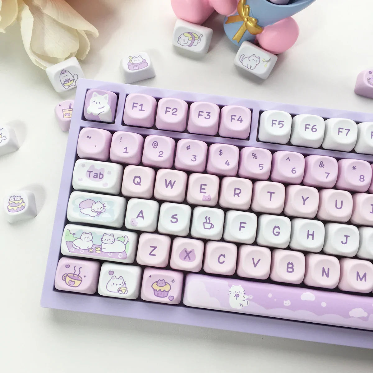 132 Keys Dye Sublimation PBT Keycaps Purple Cute Cat Themed MOT Profile Keycap for Gateron MOA MX Switches Mechanical Keyboard