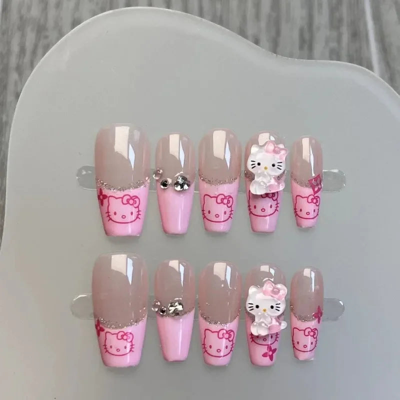 Pink Press on Acyrlic Nails Hellokitty Cute Stickers Handmade Nails French Designs Wearable Full Cover Coffin Kawaii Nail Arts