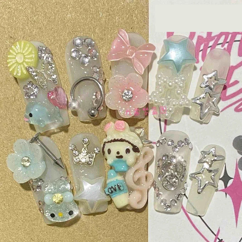 10Pcs Handmade Diy Cartoon Nail Art Hello Kitty Y2K 3D Flower Star Conch Shape Press On Nail Full Coverage Design Girls Gift