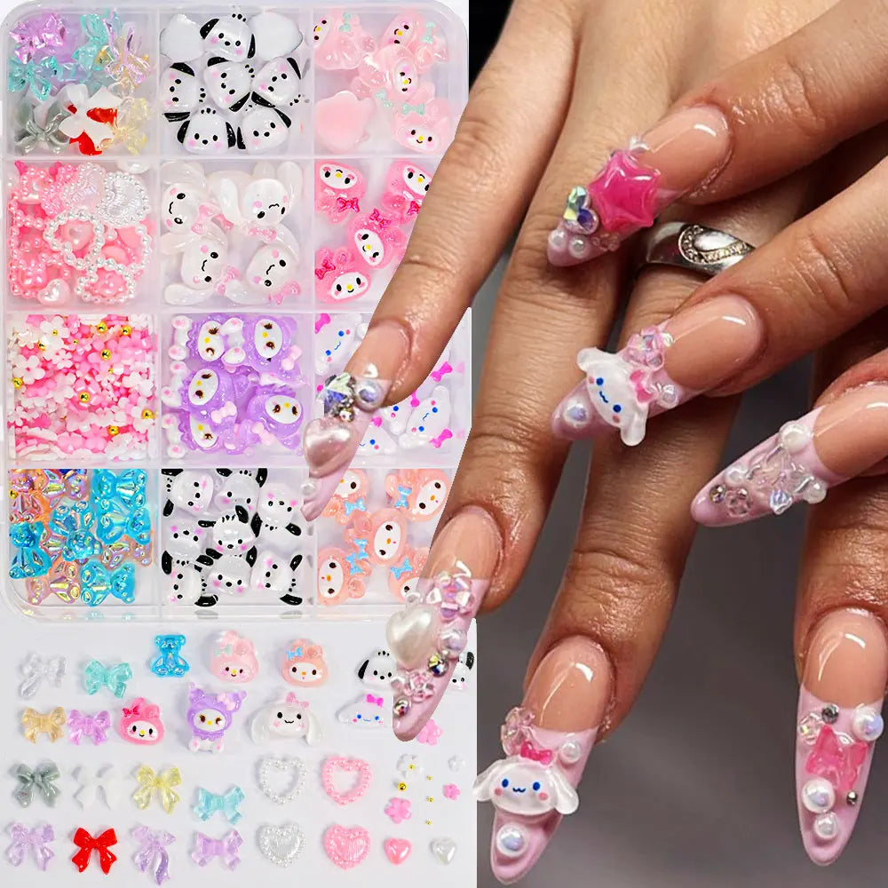 12Girds/Box Sanrioed Hello Kitty Nail Art Rhinestone Kawaii Kuromi Nail Charms Kit DIY Jewelry Decoration Manicure DIY Nail Part
