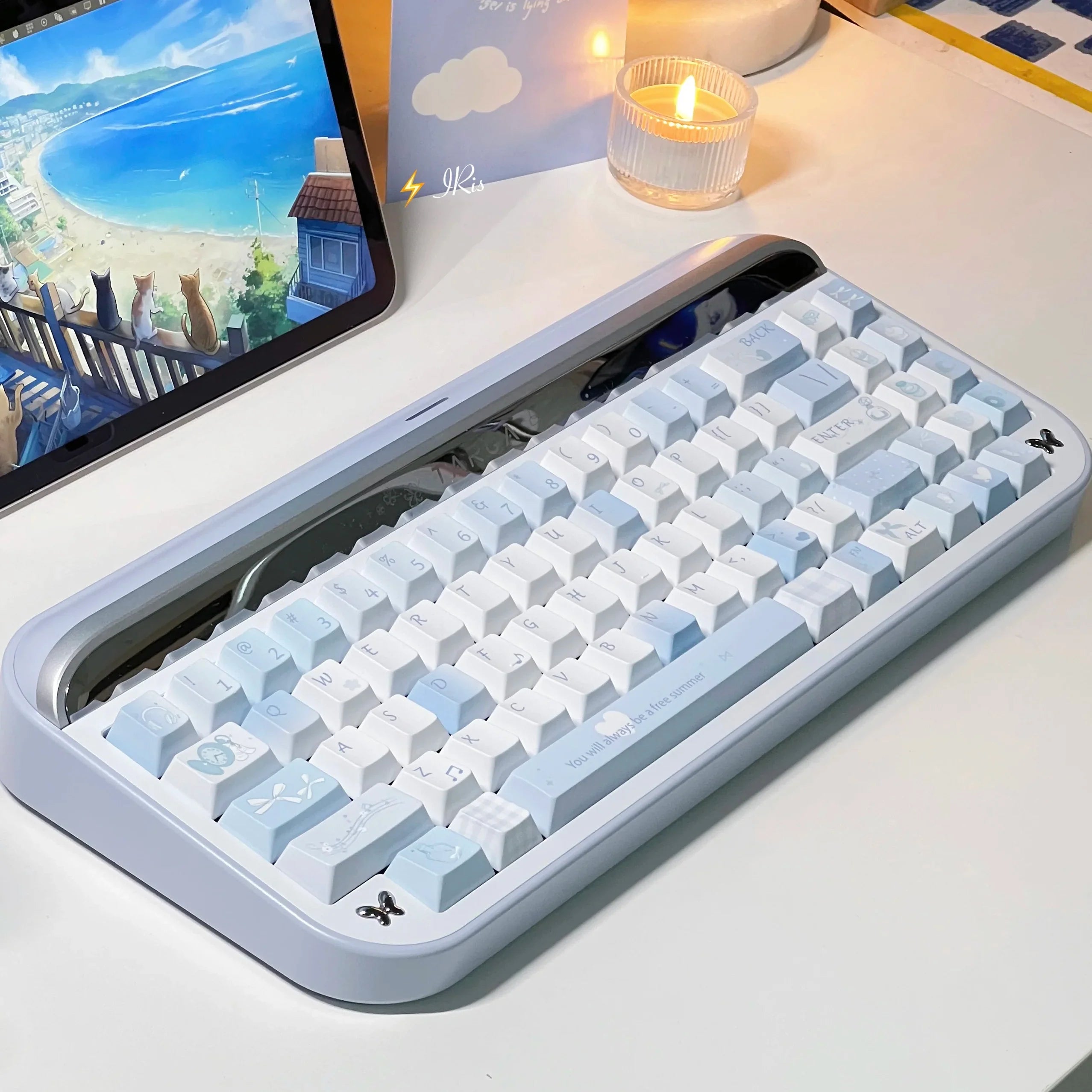 Blue Melody Keycap Set 132 Keys PBT Sublimation Cherry Profile Keycaps for DIY Mechanical Keyboard Small Fresh Summer Key Caps