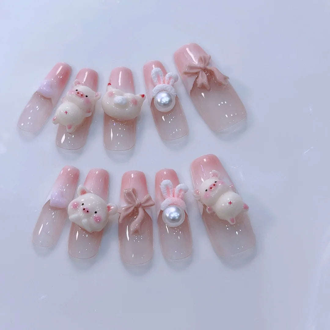 10Pcs Cute 3D Hello Kitty Kuromi Cartoon Handmade Nail Art Fashion Bow Luxury Diamond Detachable Full Cover Nails Holiday Gift