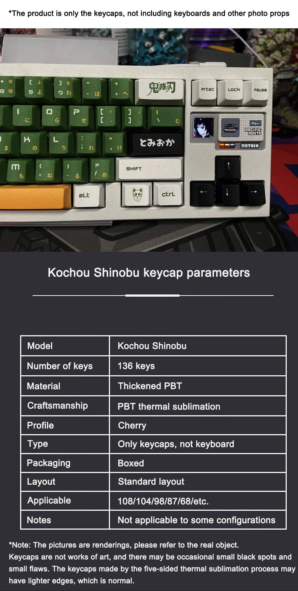 1 Set PBT Dye Sublimation Anime Keycaps Kochou Shinobu Theme Key Caps for Demon Slayer Cherry Profile Keycap Keyboard Decoration