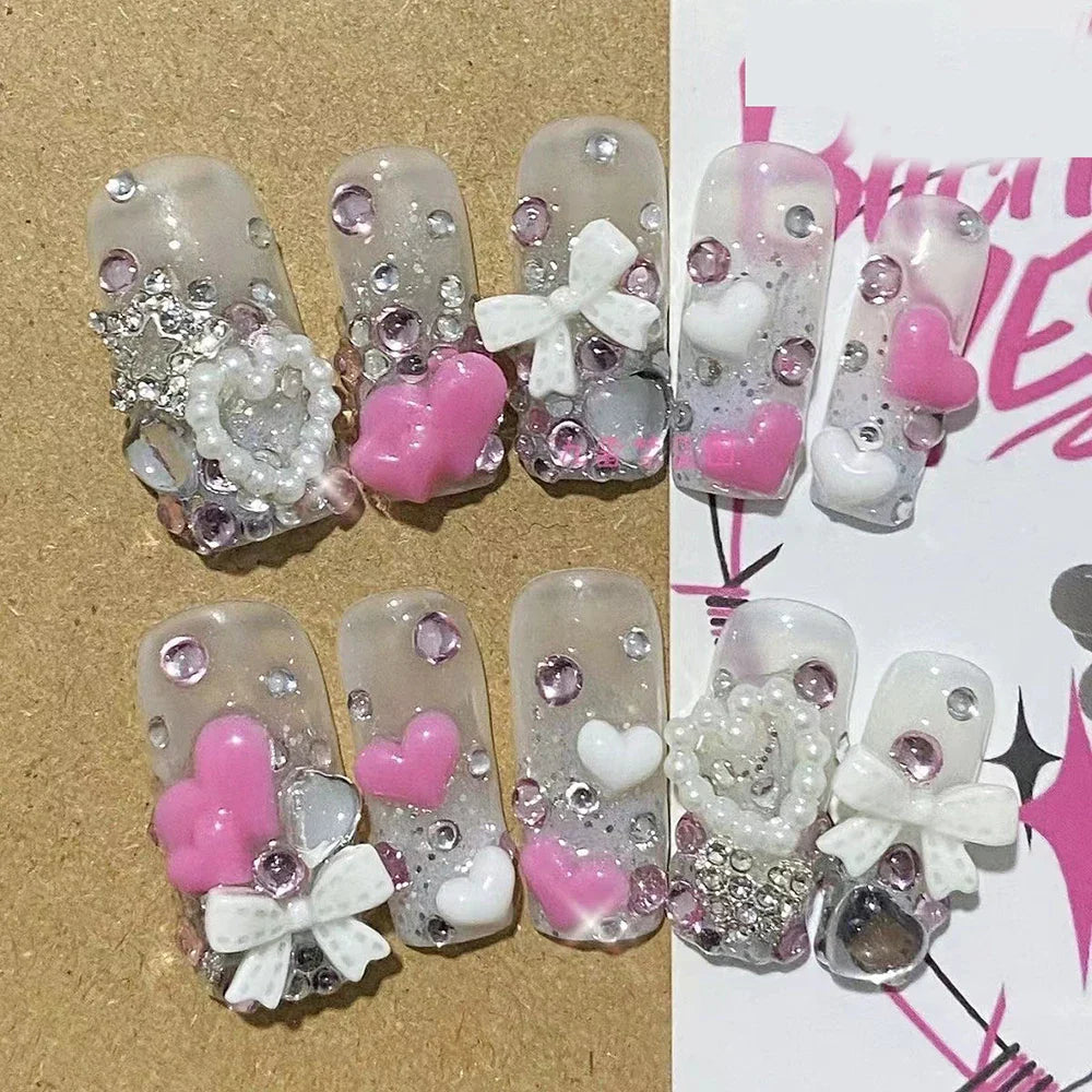 10Pcs Handmade Diy Cartoon Nail Art Hello Kitty Y2K 3D Flower Star Conch Shape Press On Nail Full Coverage Design Girls Gift
