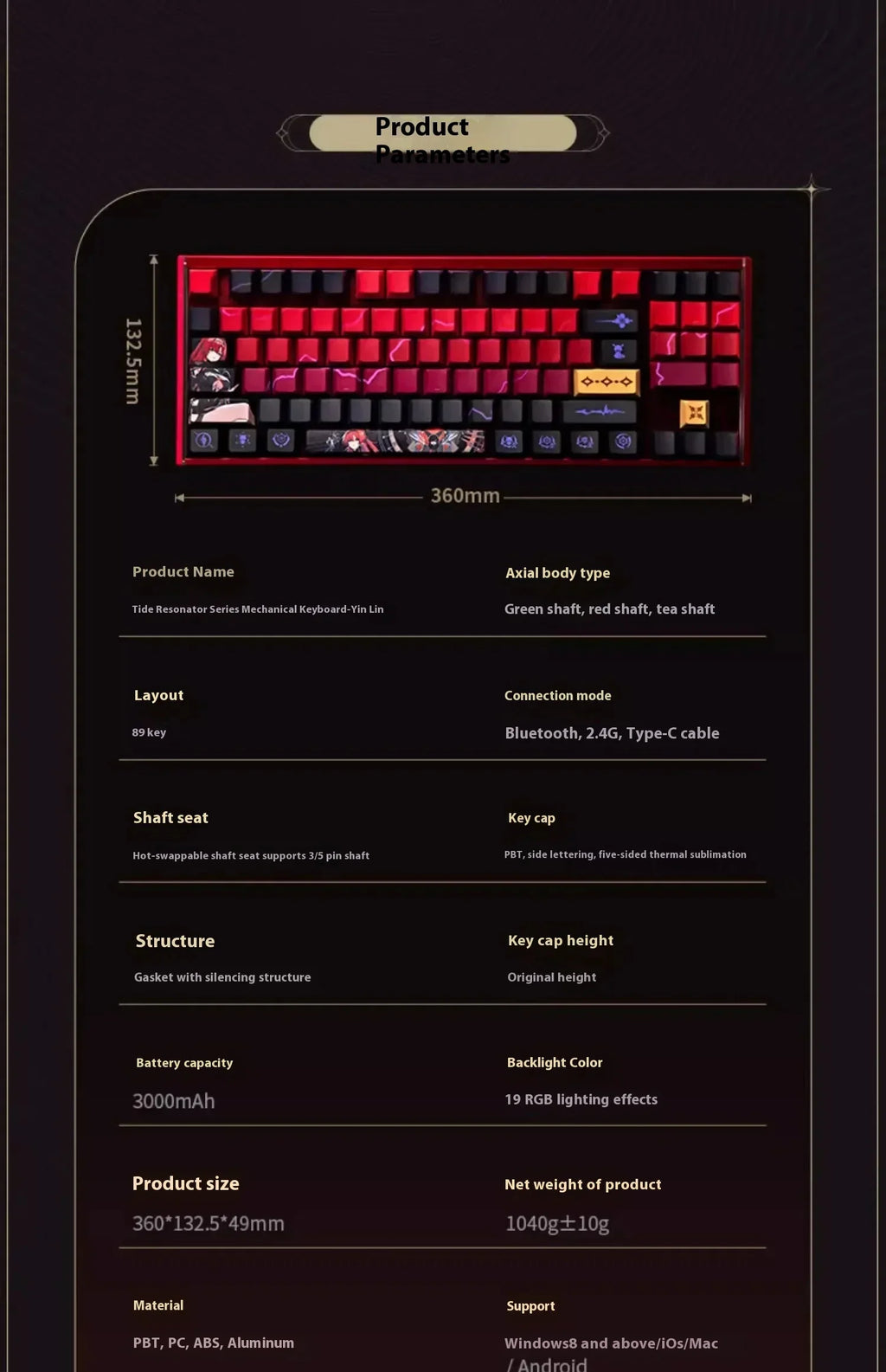 Wuthering Waves Yinlin Gaming Keyboard Three Mode Customized Wireless Mechanical Keyboard 89keys Hot Swap Gasket Pc Gamer