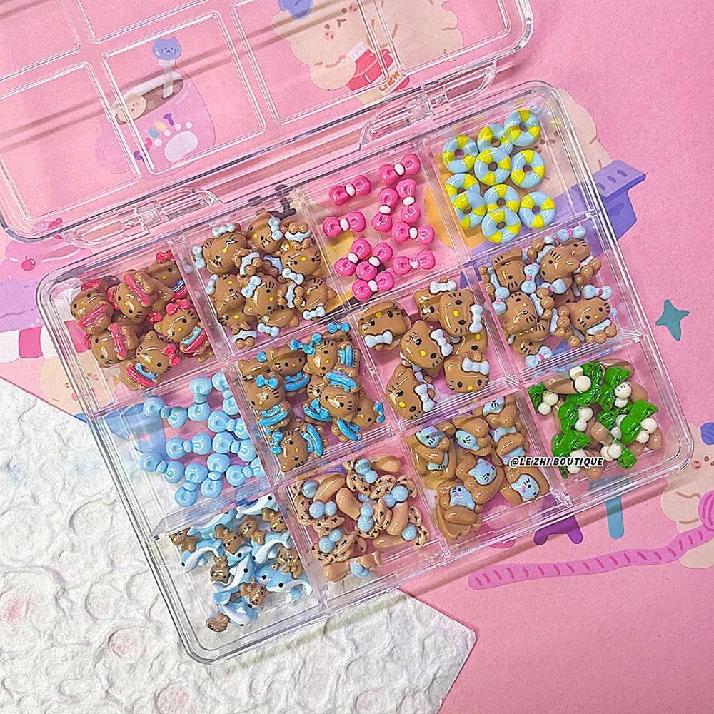 Boxed 120Pcs Kawaii Black Skin Sanrio Hello Kitty Nails Art Charms Accessories 3D Beach Bow Dolphin Resin Nails Decor Promotion