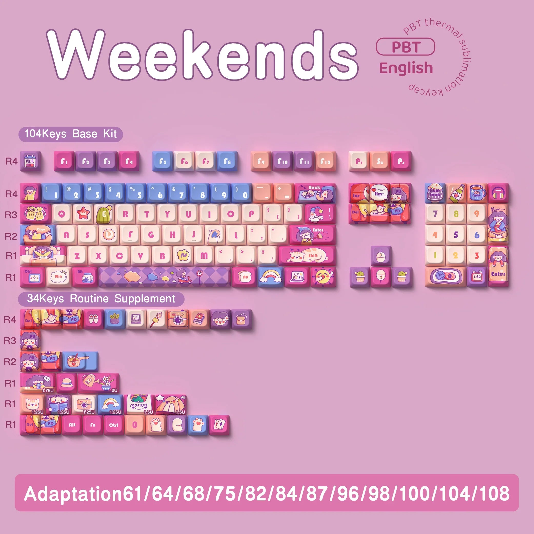 Weekends Theme Keycaps 122/138/158 Keys Mda Profile Pbt Thermal Sublimation Mechanical Keyboard Customized Anime Game Keycaps