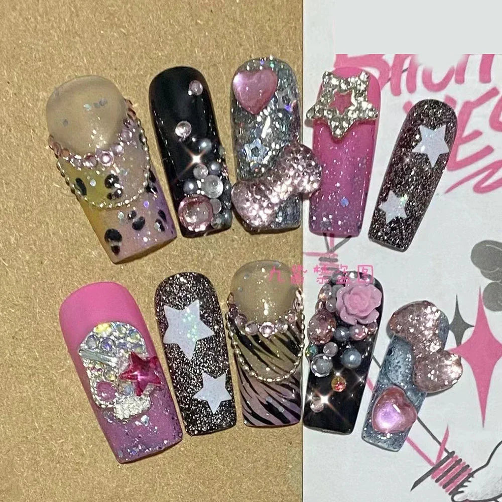Sanrio Hello Kitty Y2K Nail Cartoon Punk Long Square Handmade Fake Nails Leopard Print Five-Pointed Star Diamond Detachable Nail
