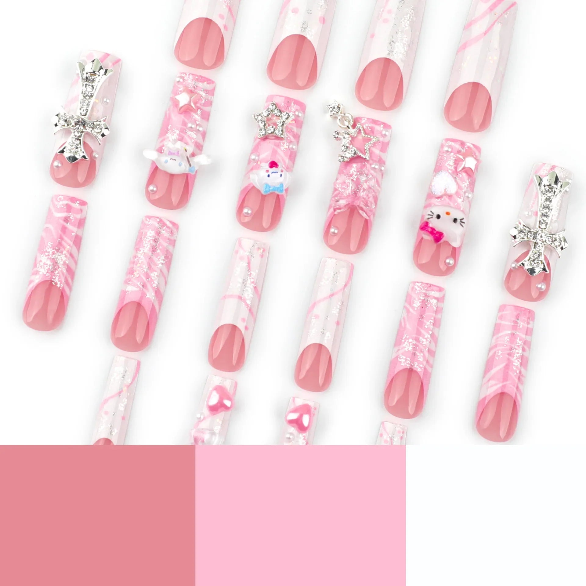 24pcs Light Pink Bowknots Press On Nails Y2k French Style Long Coffin False Nails With Cute Cartoon Metal Star Press On Nail