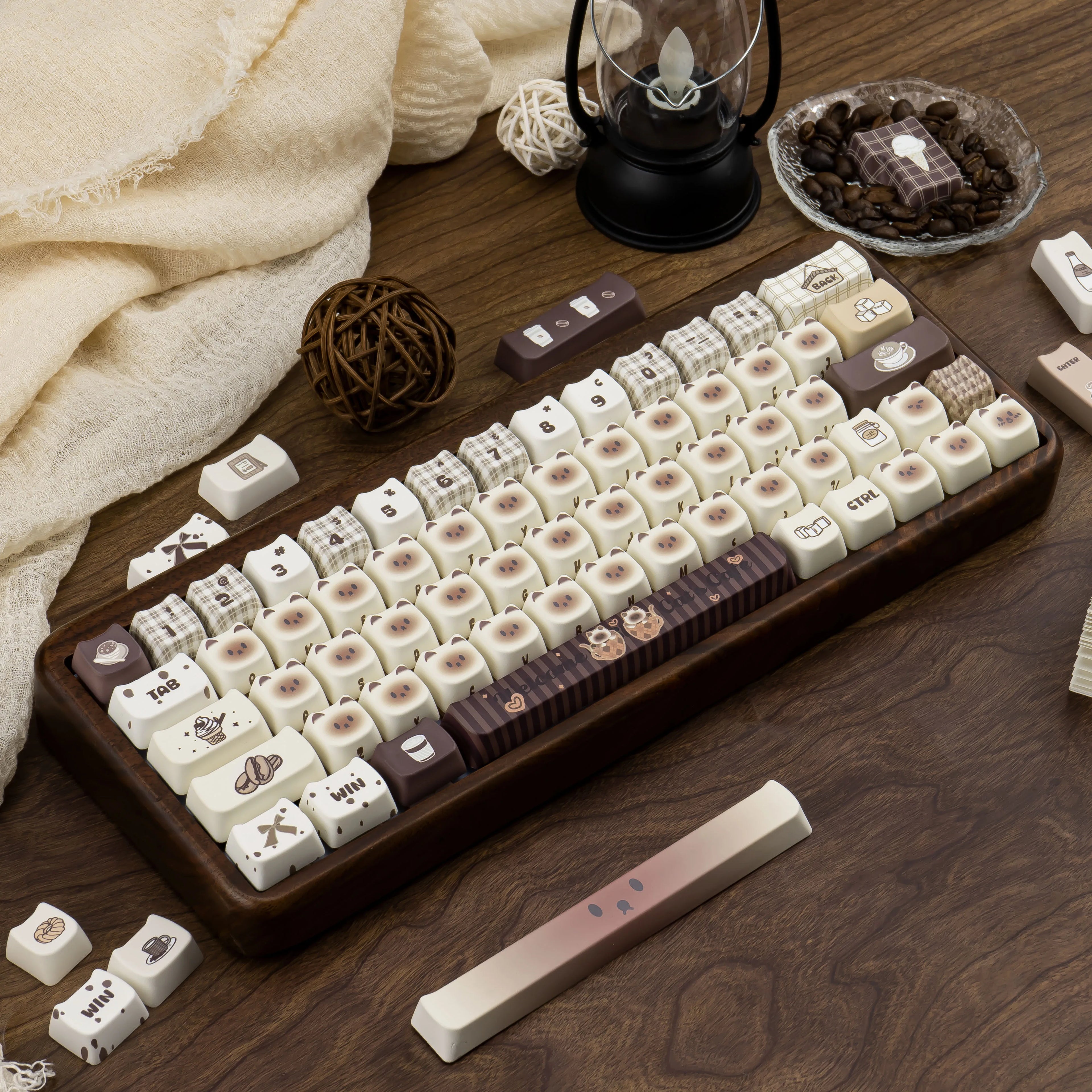 Siamese Cat Cafe Keycap Cherry MAO Profile Cute Cat Head PBT Keycaps Original White Brown Personalized Mechanical Keyboard Caps
