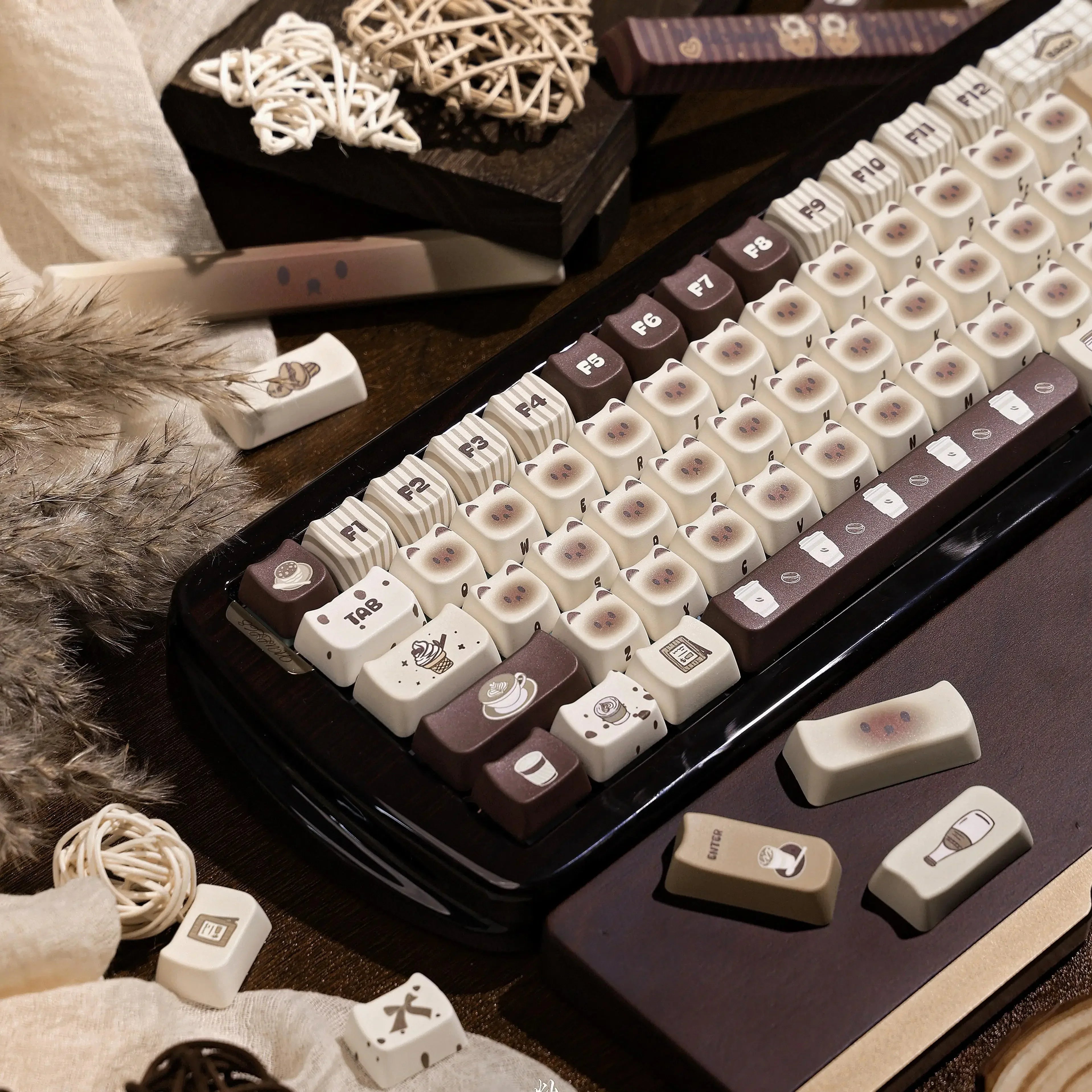 Siamese Cat Cafe Keycap Cherry MAO Profile Cute Cat Head PBT Keycaps Original White Brown Personalized Mechanical Keyboard Caps