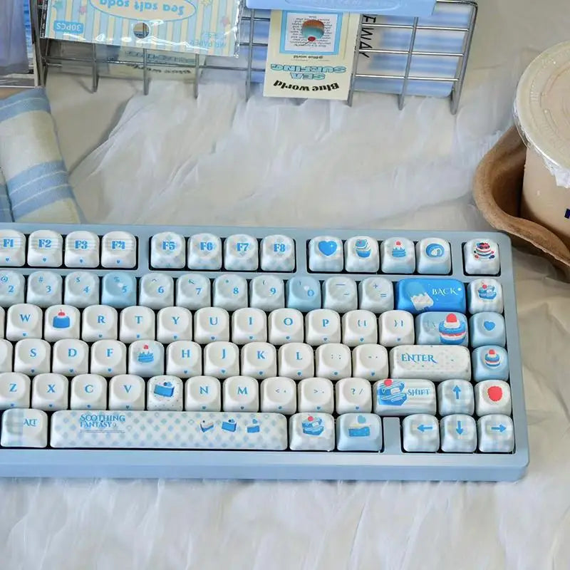 Sweet Dream Keycaps New Moa Pbt Sublimation Cute Blue Cute Round Alice Layout Keycaps L-Shaped Enter Key 2.25/2.75/7U Space Bar
