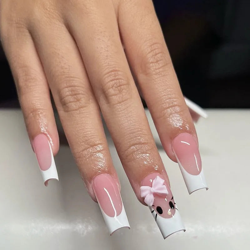 24pcs Light Pink Bowknots Press On Nails Y2k French Style Long Coffin False Nails With Cute Cartoon Metal Star Press On Nail