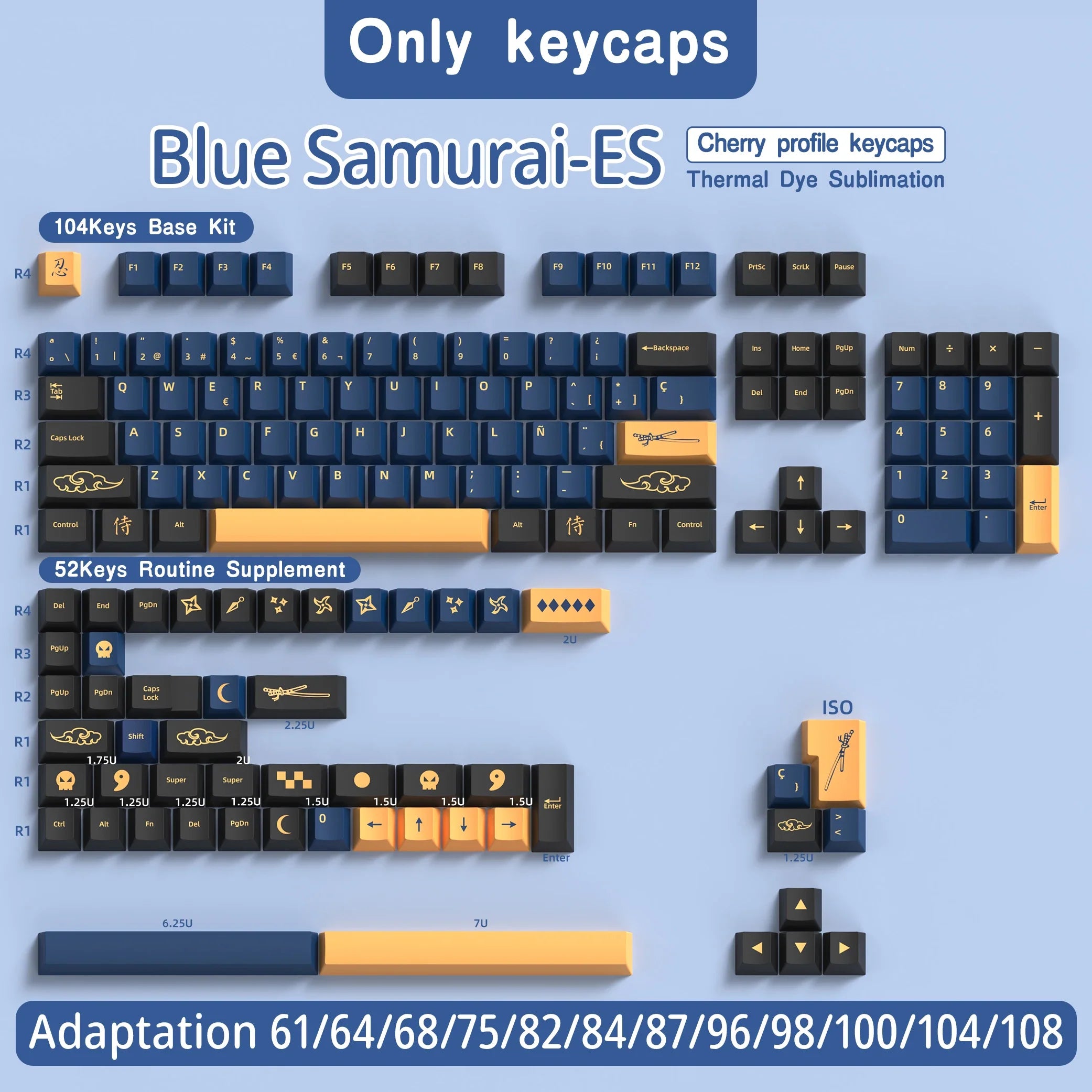 Blue Samurai Keycaps Japanese/Korean/Russian/German/Spanish/French PBT Keycap Cherry Profile for GMK Custom Mechanical Keyboard