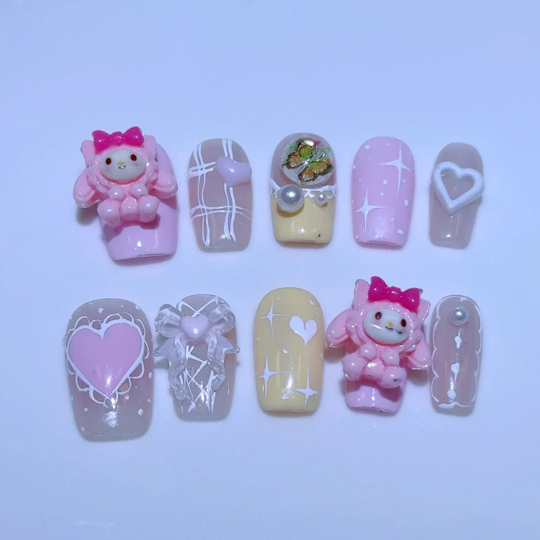 10Pcs Cute 3D Hello Kitty Kuromi Cartoon Handmade Nail Art Fashion Bow Luxury Diamond Detachable Full Cover Nails Holiday Gift