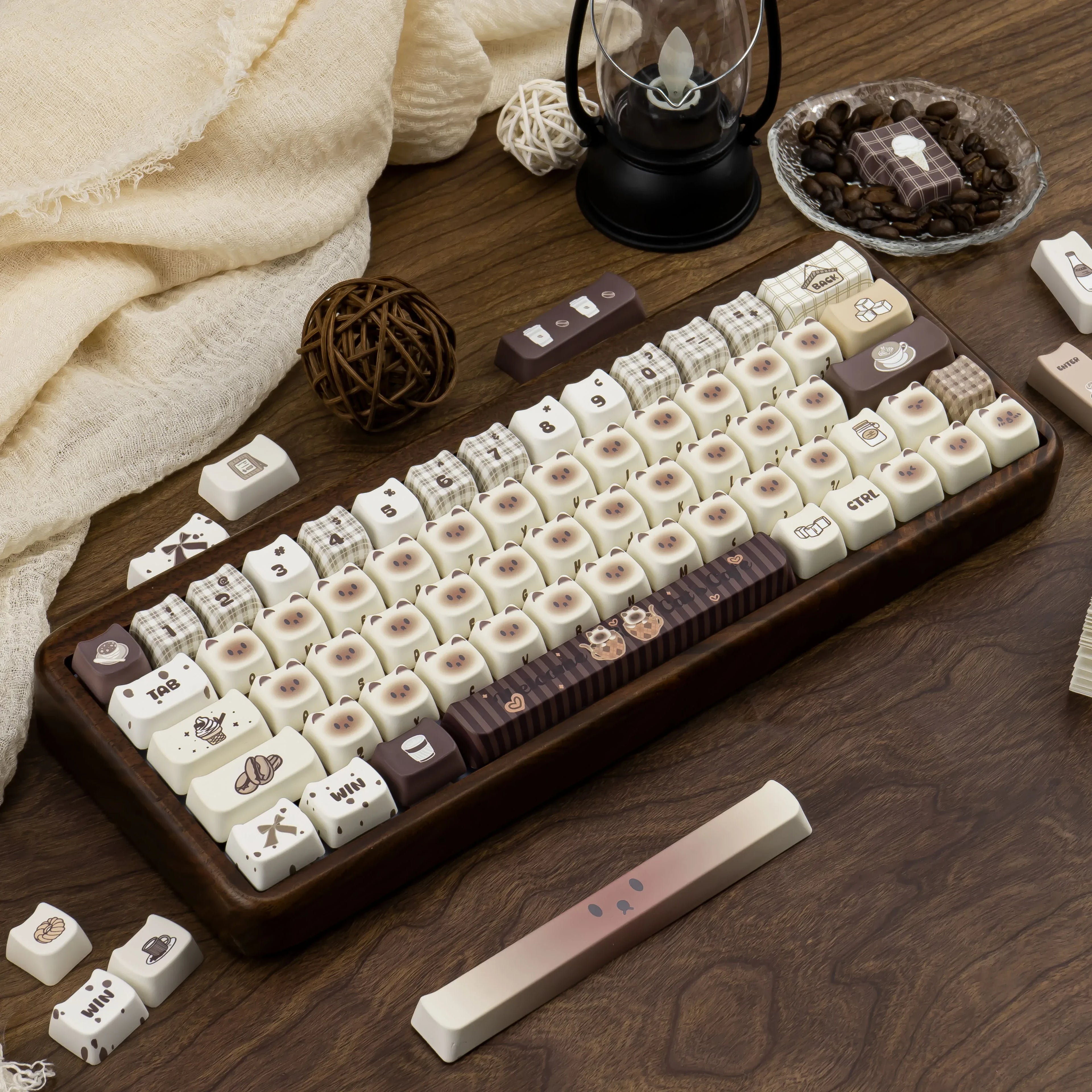 Siamese Cat Keycap Cute Mao Cherry Pbt Cafe Cat Head Cat Ears White Coffee Color 146/133Keys 2.25/2.75U Alice Layout Keycaps