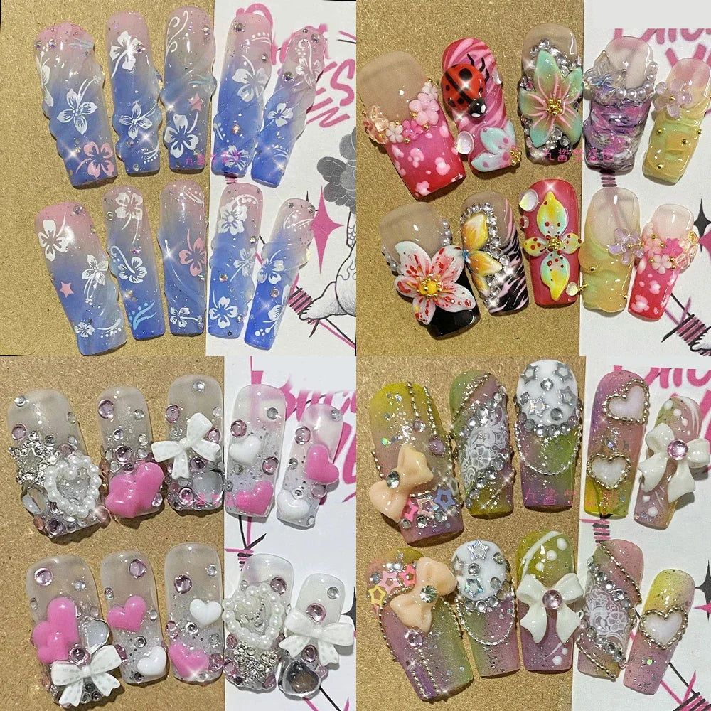 10Pcs Handmade Diy Cartoon Nail Art Hello Kitty Y2K 3D Flower Star Conch Shape Press On Nail Full Coverage Design Girls Gift