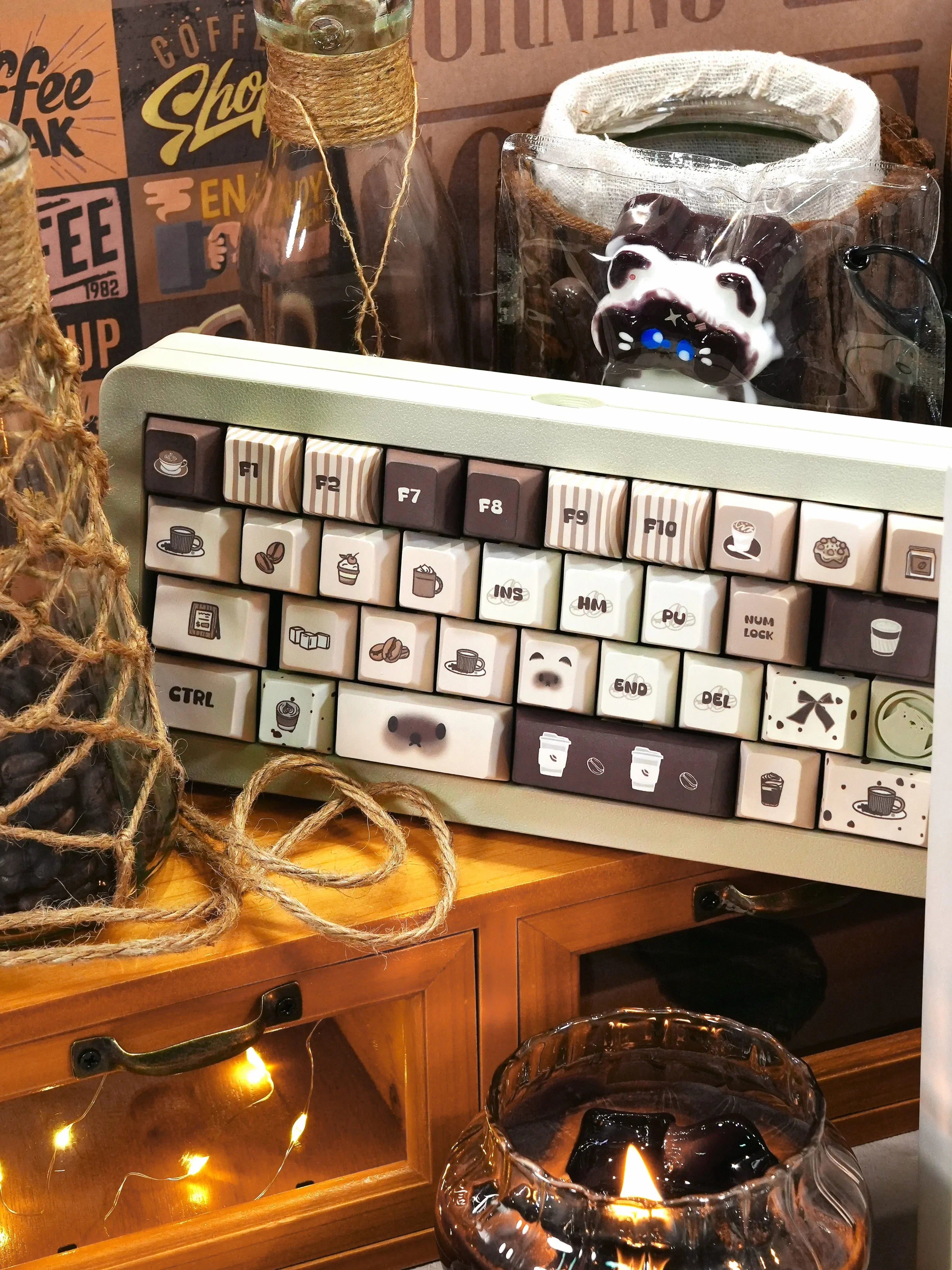 Siamese Cat Keycap Cute Mao Cherry Pbt Cafe Cat Head Cat Ears White Coffee Color 146/133Keys 2.25/2.75U Alice Layout Keycaps