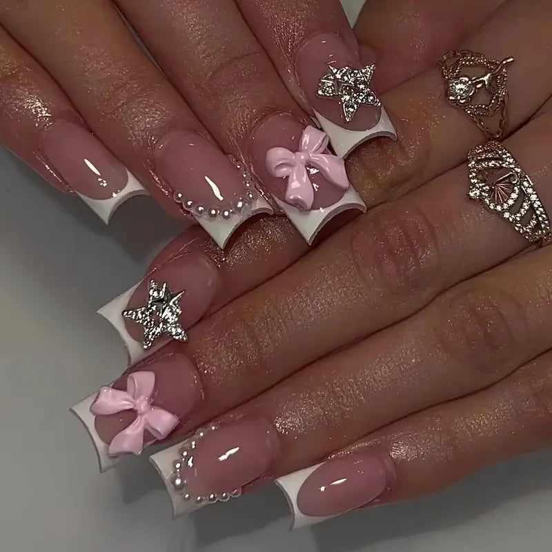 24pc Short Square Fake Nails with Kawaii 3D Pearl Bow Press on Hello Kitty False Nail French Tips Full Cover Acrylic Cute Nails