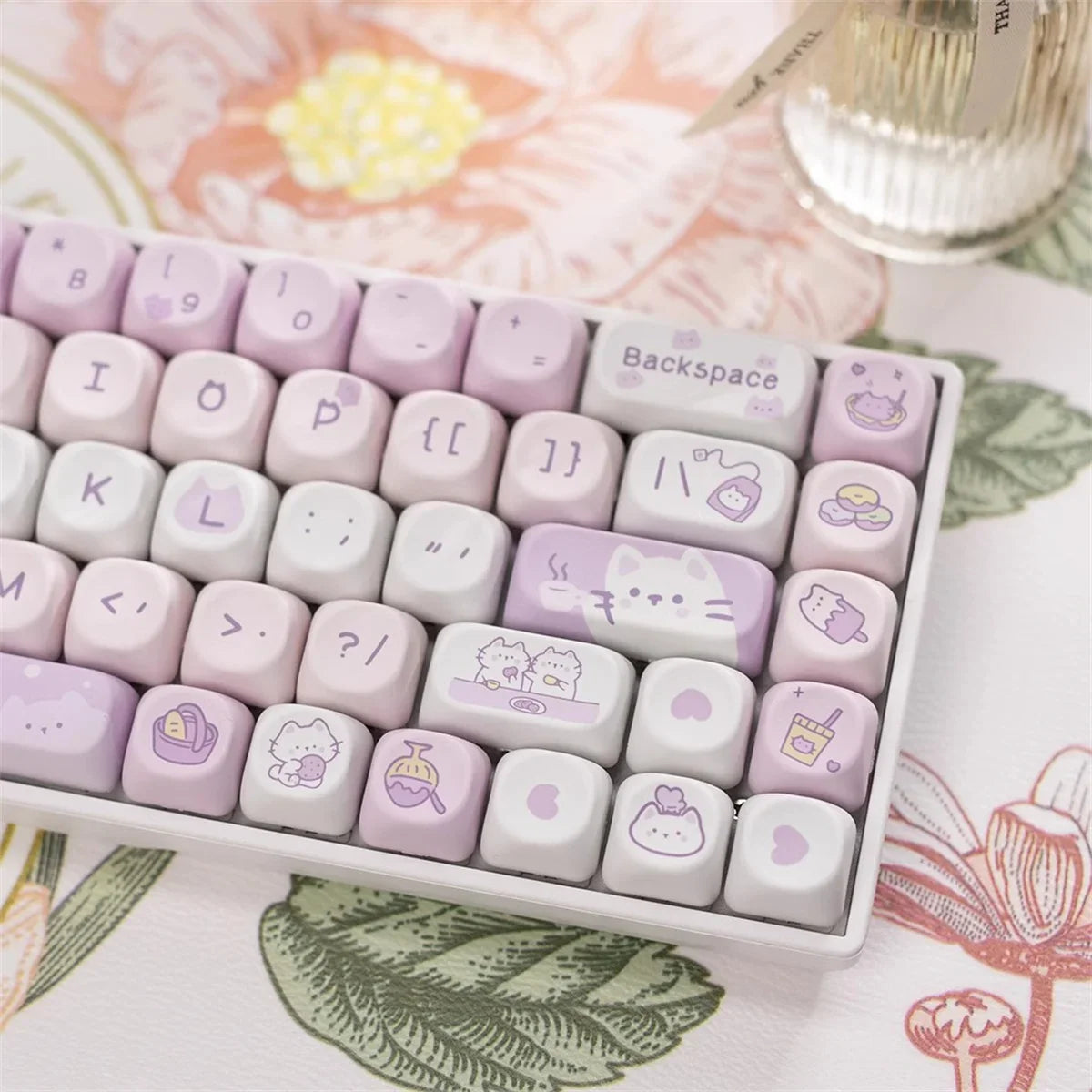 132 Keys Dye Sublimation PBT Keycaps Purple Cute Cat Themed MOT Profile Keycap for Gateron MOA MX Switches Mechanical Keyboard