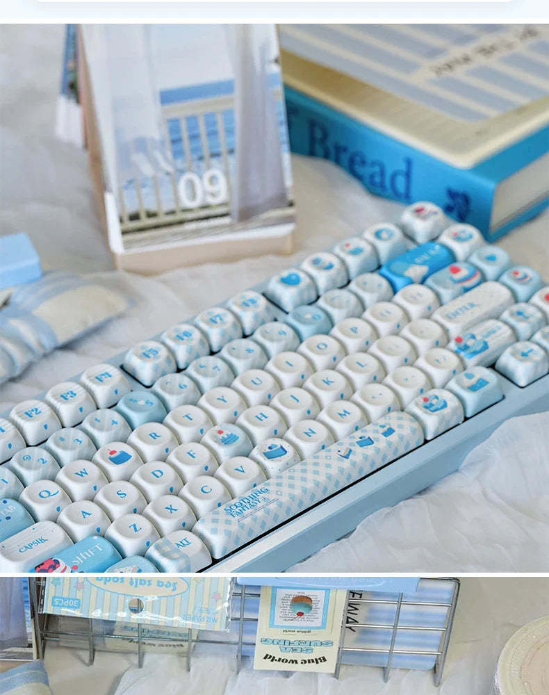 Sweet Dream Keycaps New Moa Pbt Sublimation Cute Blue Cute Round Alice Layout Keycaps L-Shaped Enter Key 2.25/2.75/7U Space Bar