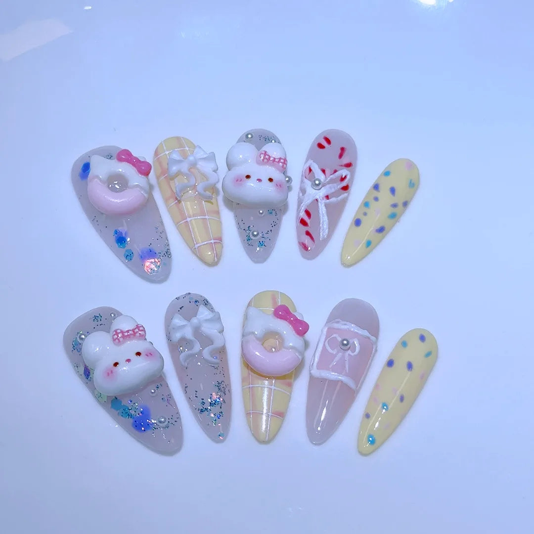 10Pcs Cute 3D Hello Kitty Kuromi Cartoon Handmade Nail Art Fashion Bow Luxury Diamond Detachable Full Cover Nails Holiday Gift