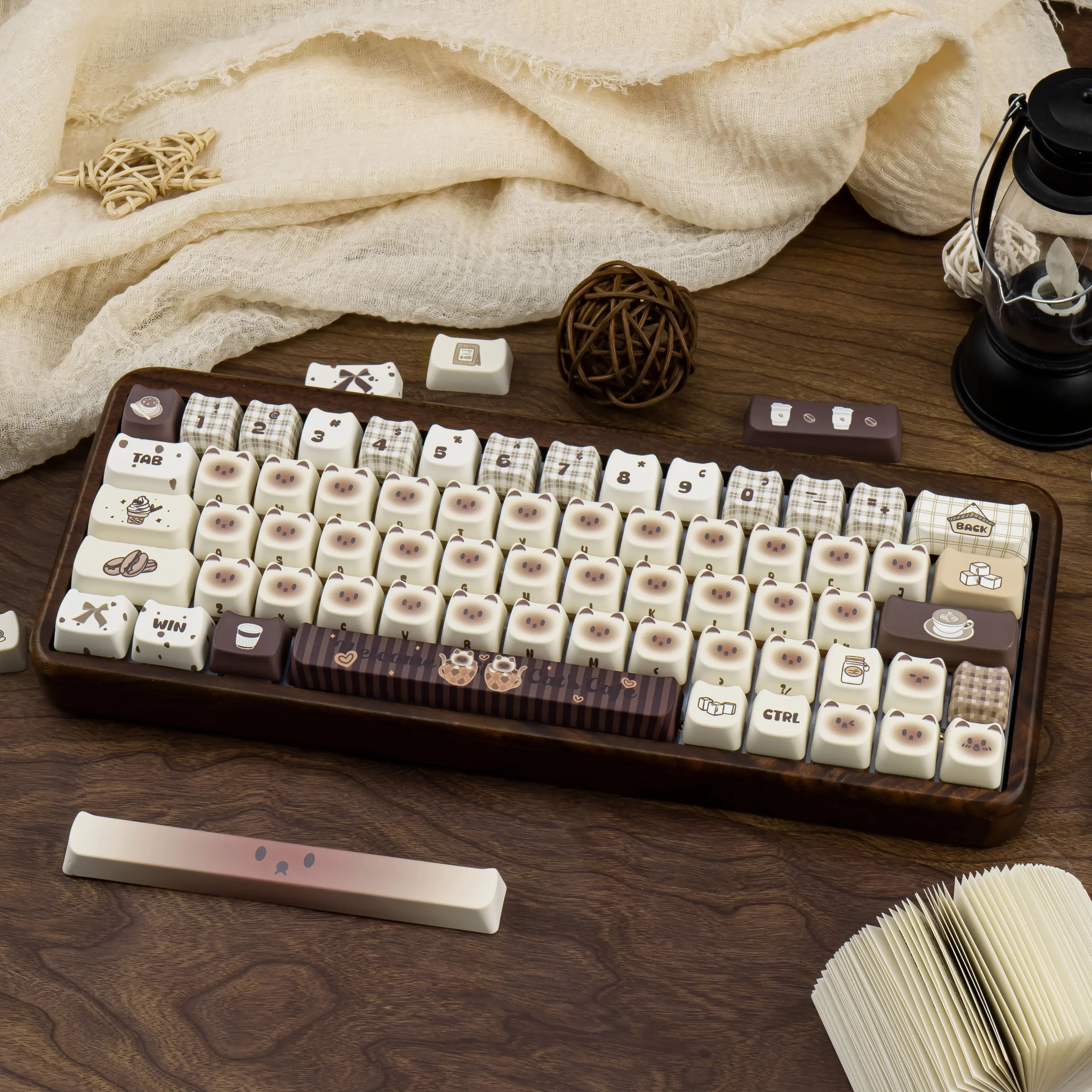 Siamese Cat Cafe Keycap Cherry MAO Profile Cute Cat Head PBT Keycaps Original White Brown Personalized Mechanical Keyboard Caps