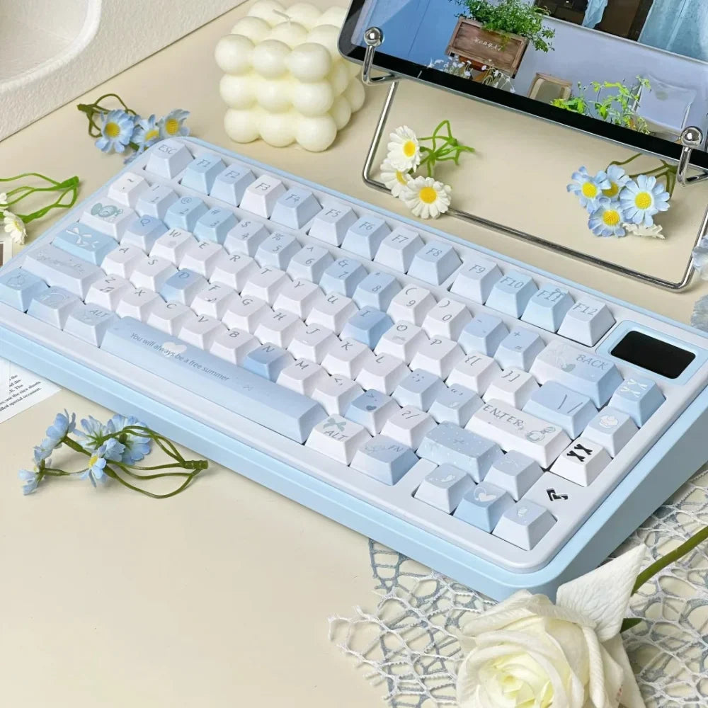 Blue Melody Keycap Set 132 Keys PBT Sublimation Cherry Profile Keycaps for DIY Mechanical Keyboard Small Fresh Summer Key Caps