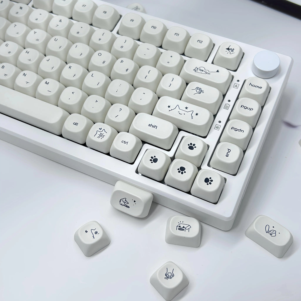Simple Milky White Cute Cat Theme Keycap 124Keys PBT Sublimation MOA Profile Round Ball Caps Korean Mechanical Keyboard Keycaps