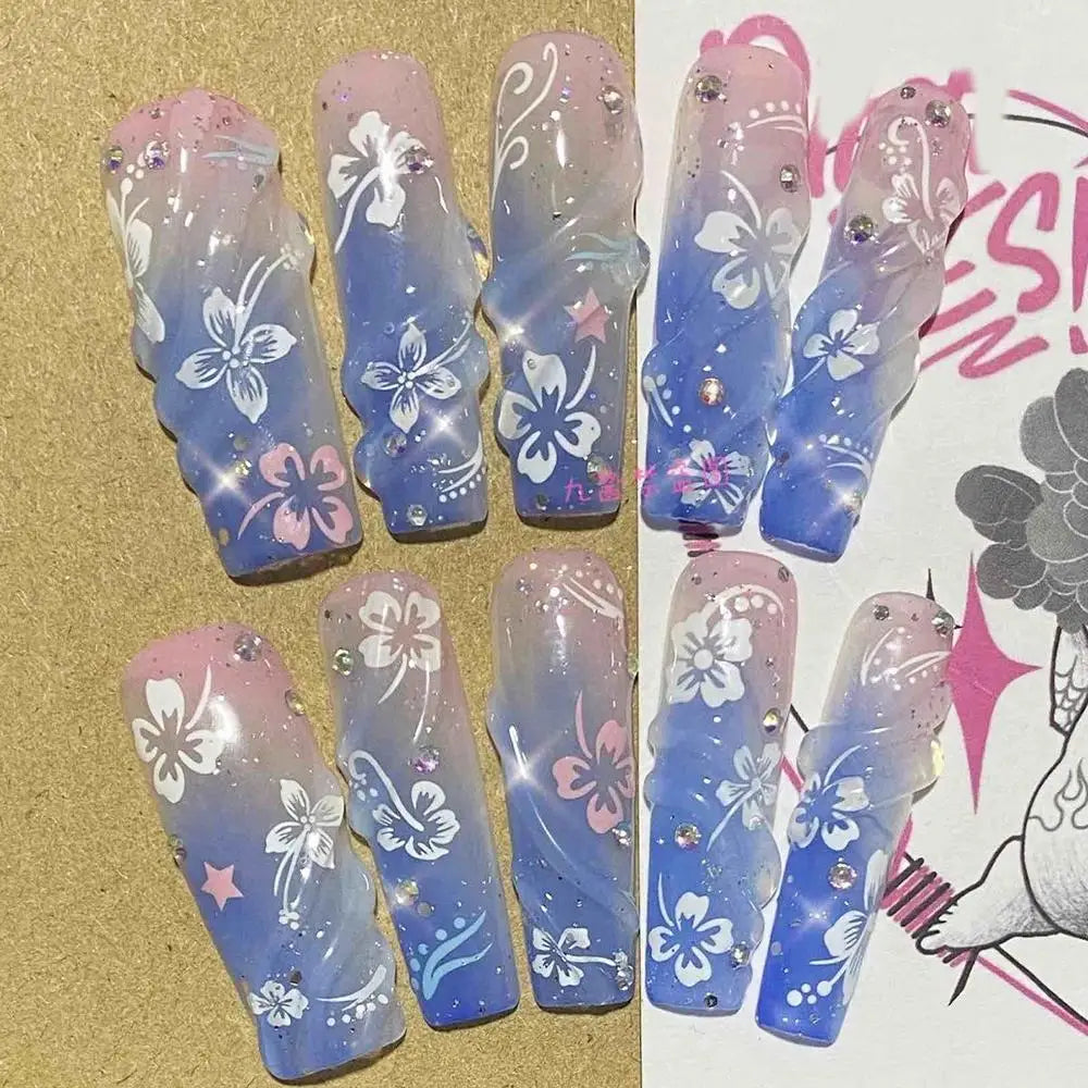 10Pcs Handmade Diy Cartoon Nail Art Hello Kitty Y2K 3D Flower Star Conch Shape Press On Nail Full Coverage Design Girls Gift
