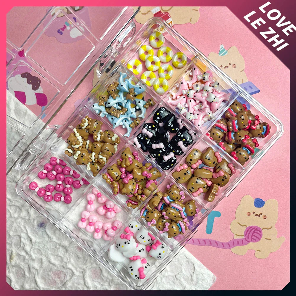 Boxed 120Pcs Kawaii Black Skin Sanrio Hello Kitty Nails Art Charms Accessories 3D Beach Bow Dolphin Resin Nails Decor Promotion