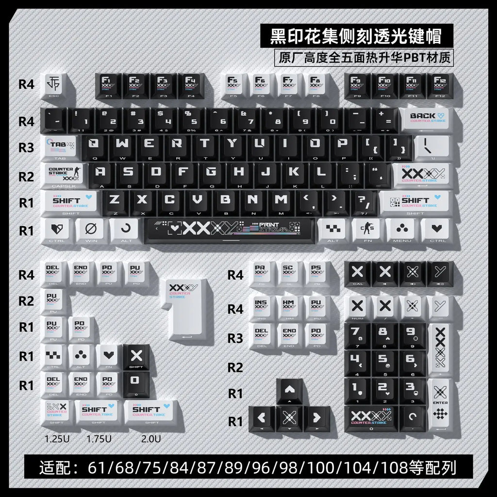 Black and White Double Color Matching Side Engraving Keycaps Set Sublimation Original Height Translucent Keycap Wooting Made68