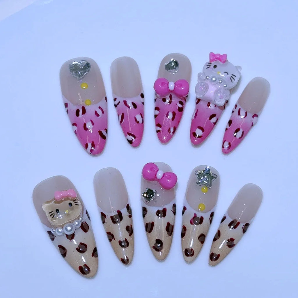 10Pcs Cute 3D Hello Kitty Kuromi Cartoon Handmade Nail Art Fashion Bow Luxury Diamond Detachable Full Cover Nails Holiday Gift