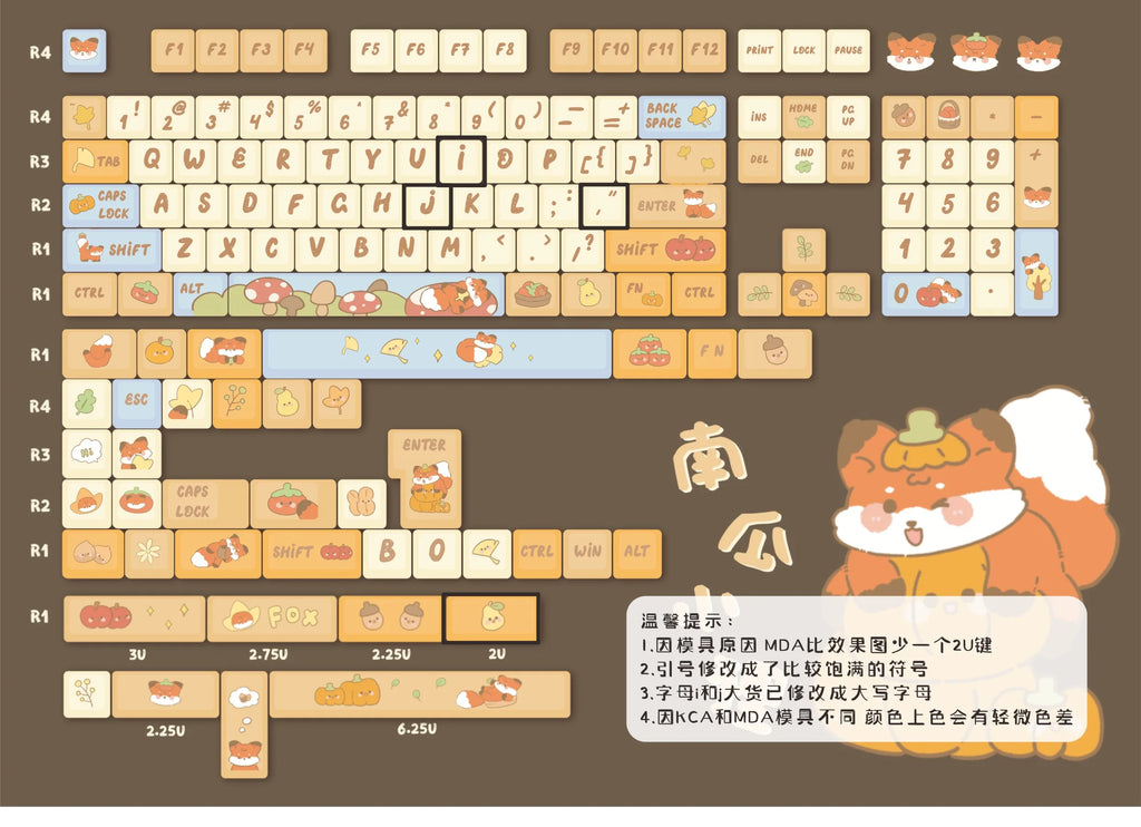 142 Keys Cartoon Fox Keycap KCA MDA Highly Orange Beige Mushroom Keycap PBT Small Animal Cute Diy Keycap For Mechanical Keyboard