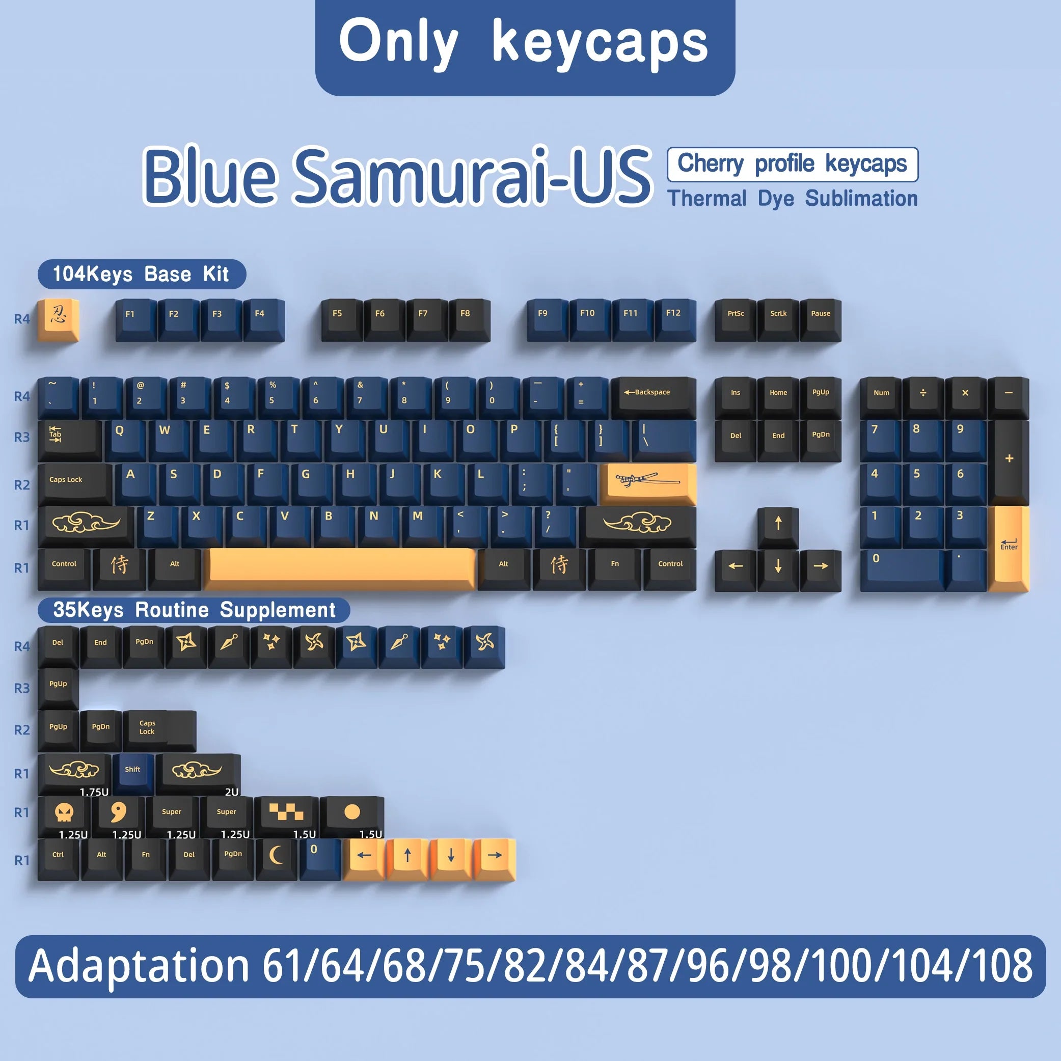 Blue Samurai Keycaps Japanese/Korean/Russian/German/Spanish/French PBT Keycap Cherry Profile for GMK Custom Mechanical Keyboard