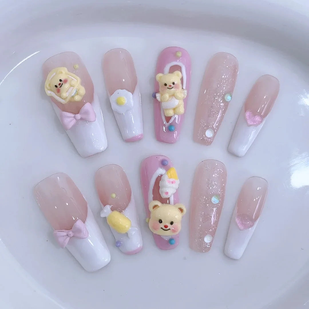 10Pcs Cute 3D Hello Kitty Kuromi Cartoon Handmade Nail Art Fashion Bow Luxury Diamond Detachable Full Cover Nails Holiday Gift