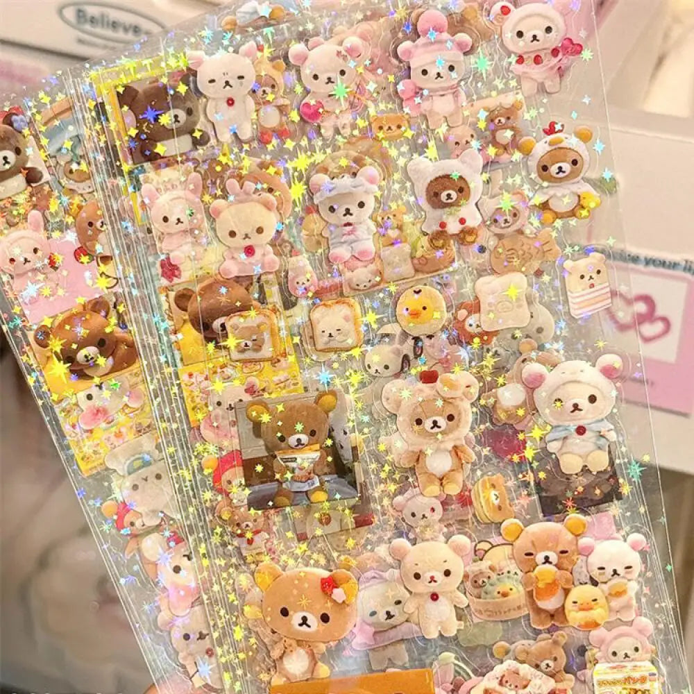 5pcs Hello Kitty Rilakkuma Cute Cartoon Die-cutting Sticker Kitty Cat Anime Handbooks Material Stickers Flashing Laser Stickers