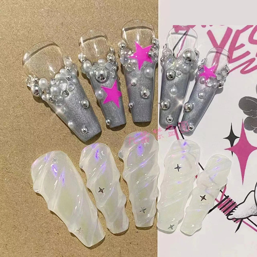 10Pcs Handmade Diy Cartoon Nail Art Hello Kitty Y2K 3D Flower Star Conch Shape Press On Nail Full Coverage Design Girls Gift